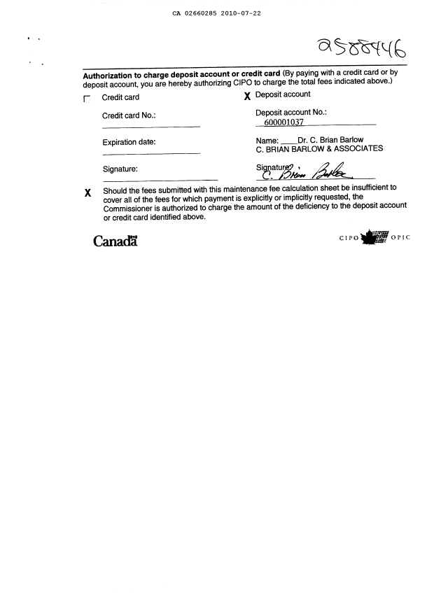 Canadian Patent Document 2660285. Fees 20100722. Image 2 of 2
