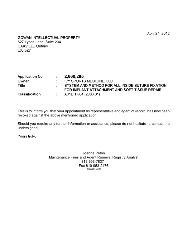 Canadian Patent Document 2660285. Correspondence 20120424. Image 1 of 1