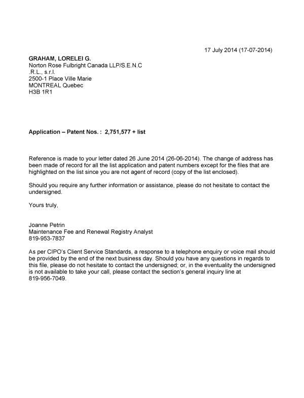 Document de brevet canadien 2660285. Correspondance 20131217. Image 1 de 1