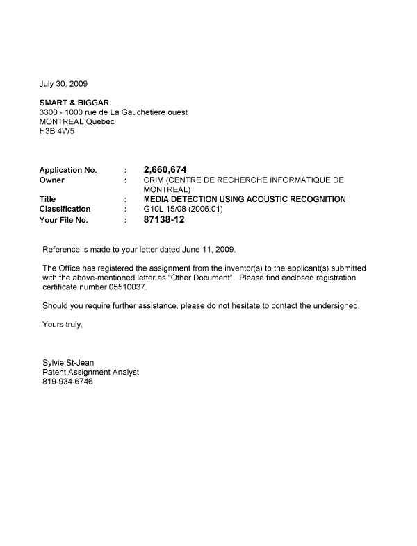 Document de brevet canadien 2660674. Correspondance 20090730. Image 1 de 1