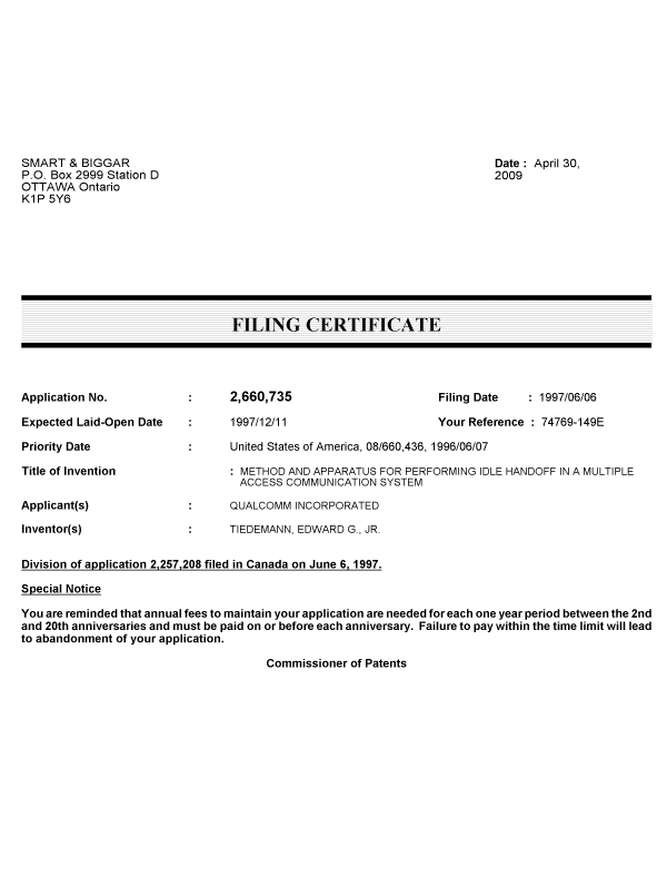 Document de brevet canadien 2660735. Correspondance 20090430. Image 1 de 1