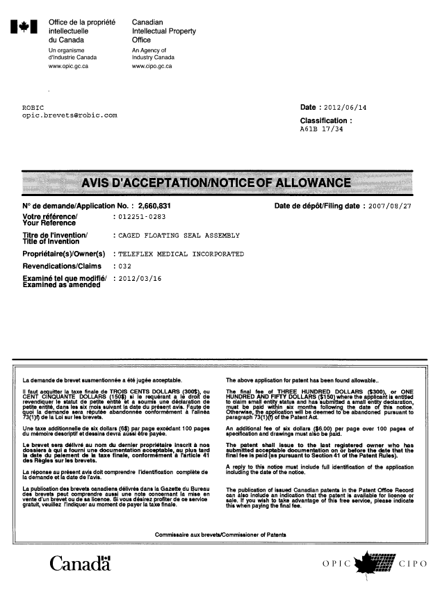 Document de brevet canadien 2660831. Correspondance 20120614. Image 1 de 1