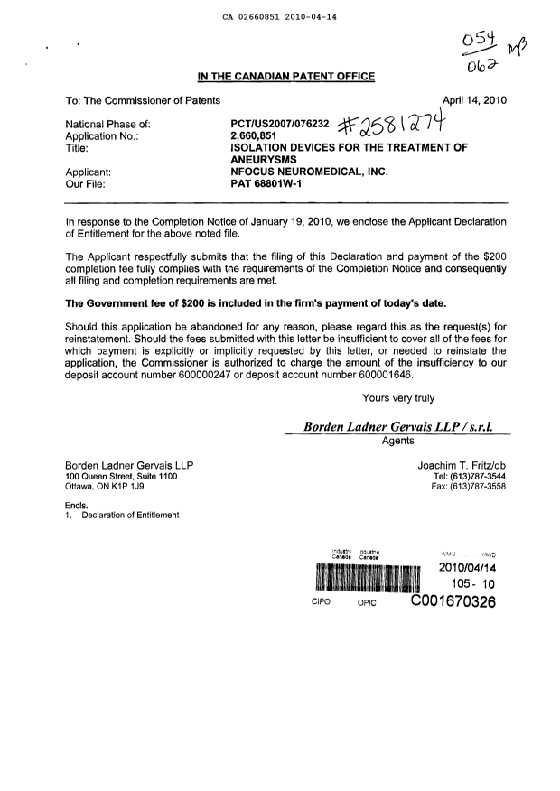 Canadian Patent Document 2660851. Correspondence 20100414. Image 1 of 2