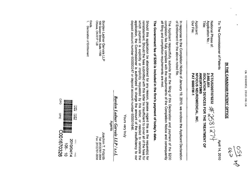 Canadian Patent Document 2660851. Correspondence 20100414. Image 1 of 2