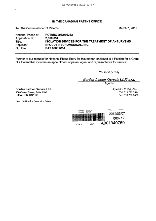 Canadian Patent Document 2660851. Correspondence 20111207. Image 1 of 3