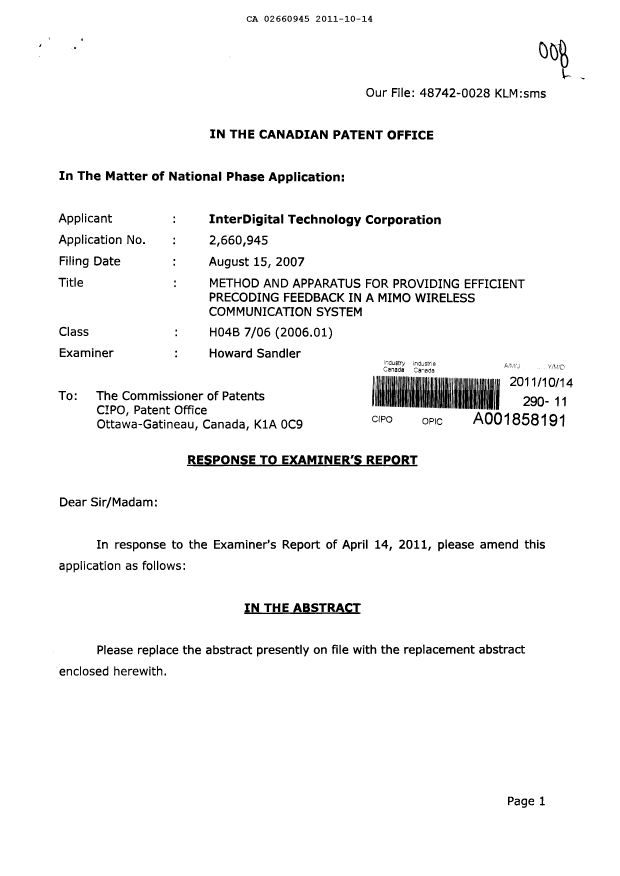 Canadian Patent Document 2660945. Prosecution-Amendment 20111014. Image 1 of 17