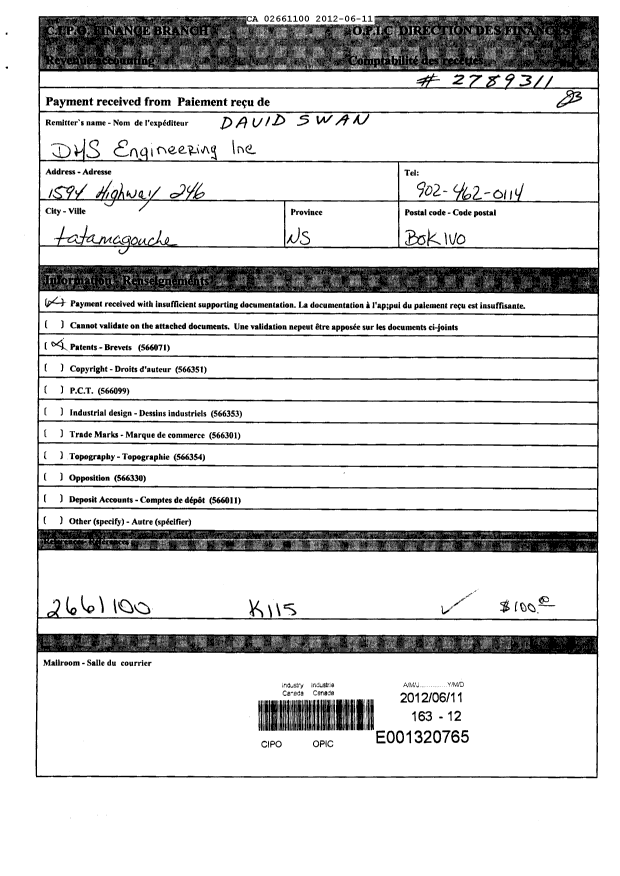 Document de brevet canadien 2661100. Taxes 20120611. Image 1 de 1