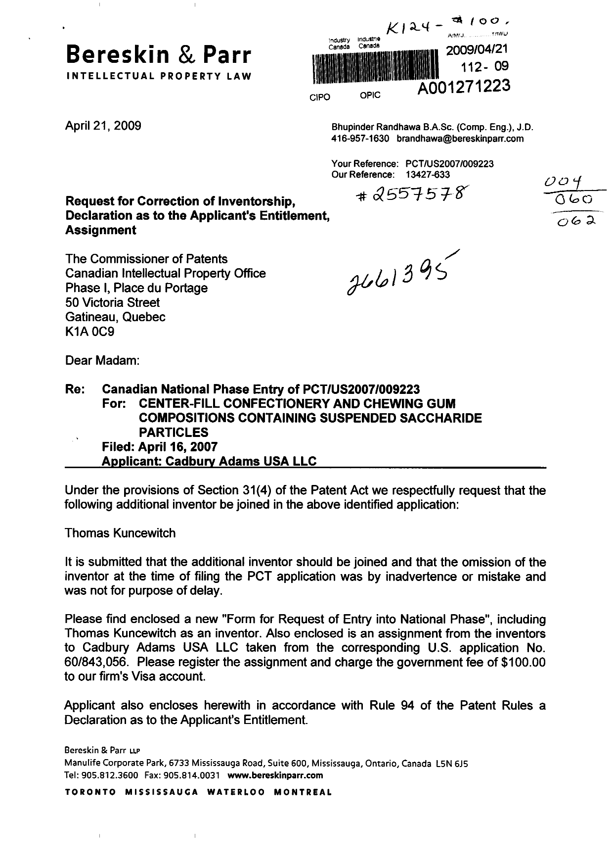 Canadian Patent Document 2661395. Correspondence 20090421. Image 1 of 5