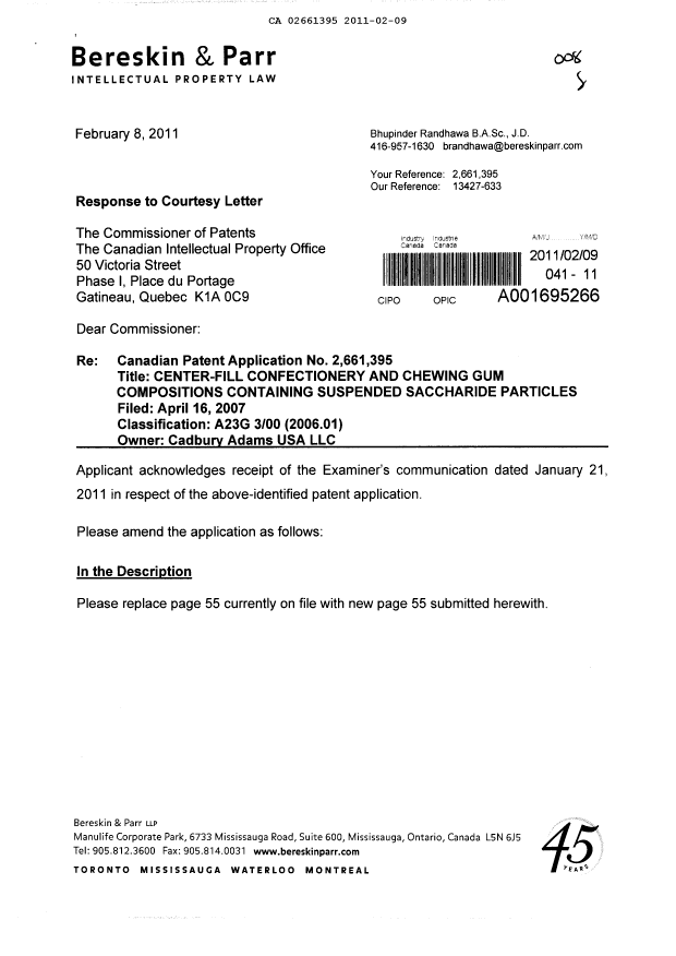 Document de brevet canadien 2661395. Poursuite-Amendment 20110209. Image 1 de 3