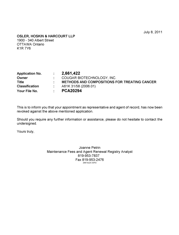 Canadian Patent Document 2661422. Correspondence 20101208. Image 1 of 1