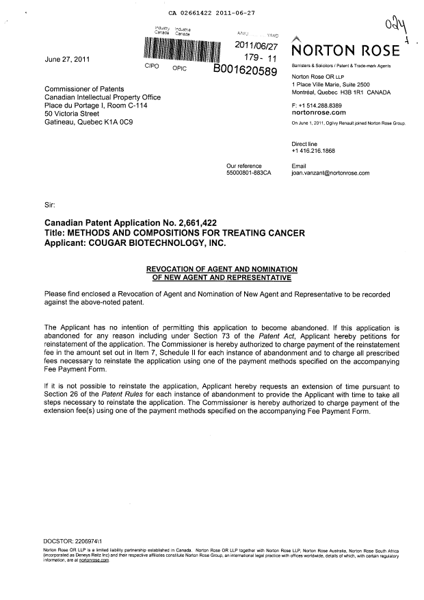 Canadian Patent Document 2661422. Correspondence 20101227. Image 1 of 3