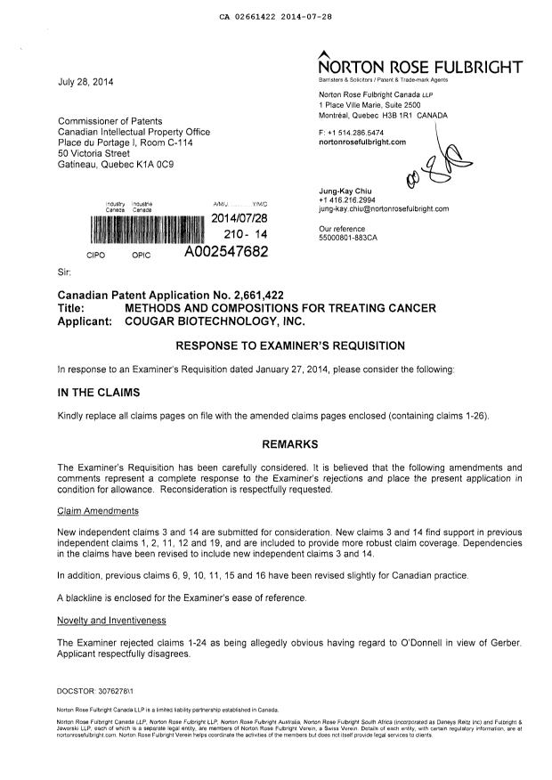 Canadian Patent Document 2661422. Prosecution-Amendment 20131228. Image 1 of 11