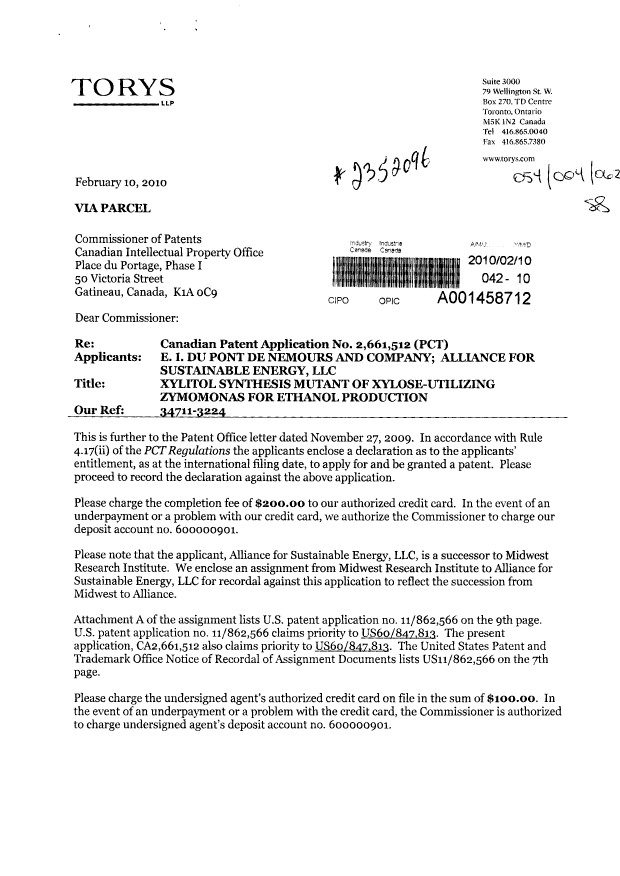 Canadian Patent Document 2661512. Correspondence 20091210. Image 1 of 3