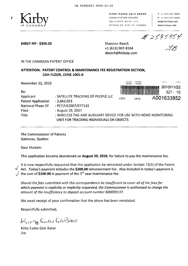 Document de brevet canadien 2662023. Taxes 20101122. Image 1 de 1