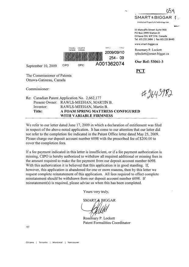 Canadian Patent Document 2662177. Correspondence 20090910. Image 1 of 1