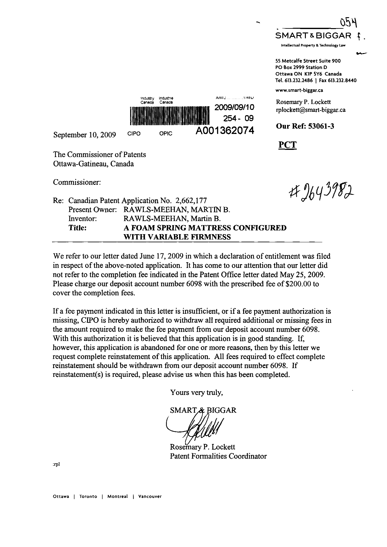 Canadian Patent Document 2662177. Correspondence 20090910. Image 1 of 1