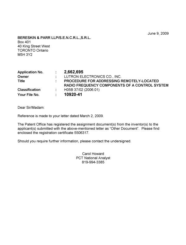 Canadian Patent Document 2662695. Correspondence 20090609. Image 1 of 1