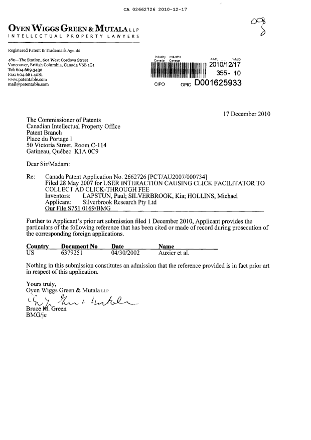 Canadian Patent Document 2662726. Prosecution-Amendment 20091217. Image 1 of 1