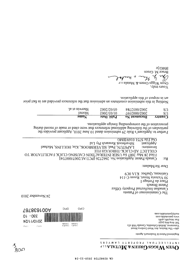 Document de brevet canadien 2662726. Poursuite-Amendment 20101124. Image 1 de 4