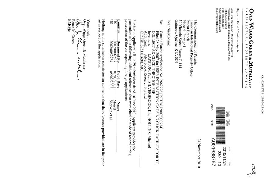 Canadian Patent Document 2662726. Prosecution-Amendment 20101124. Image 1 of 4
