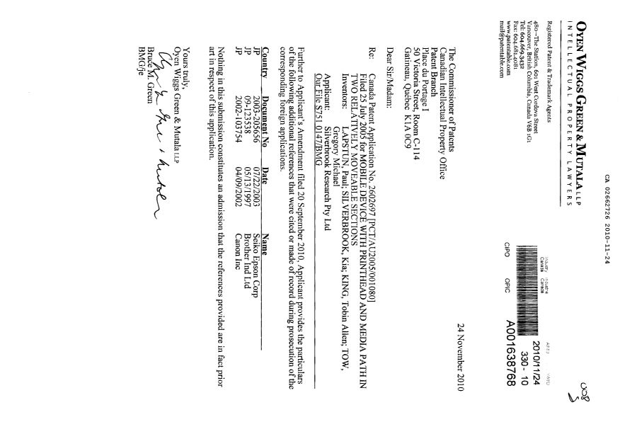 Document de brevet canadien 2662726. Poursuite-Amendment 20101124. Image 2 de 4