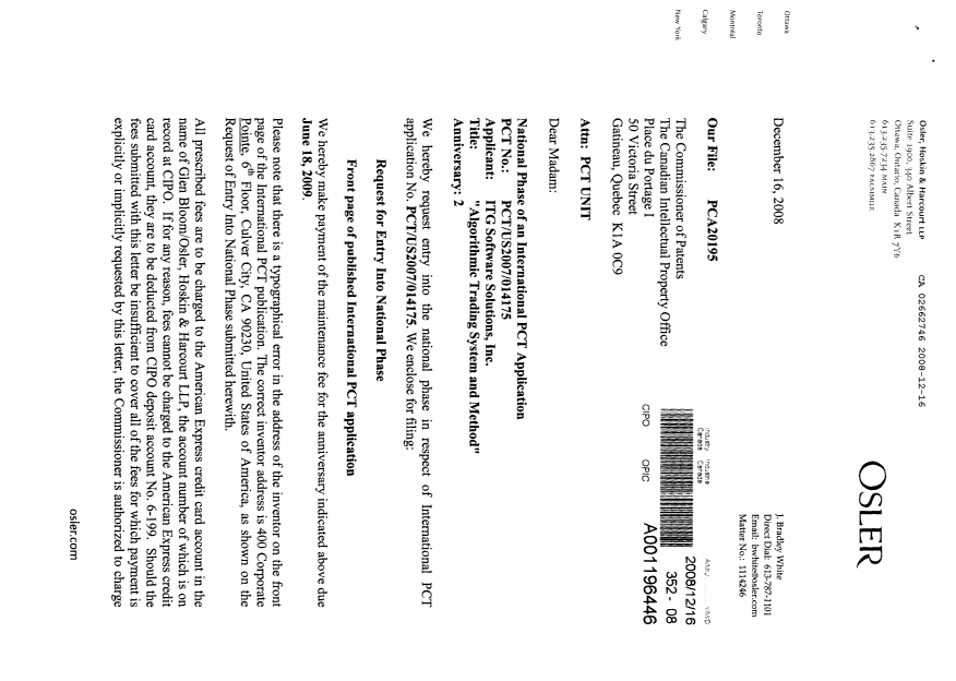 Canadian Patent Document 2662746. Assignment 20081216. Image 1 of 5