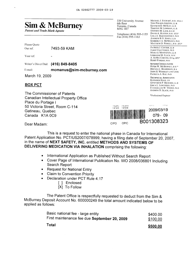 Document de brevet canadien 2662777. Cession 20090319. Image 1 de 5