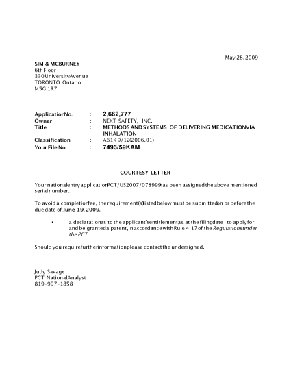 Document de brevet canadien 2662777. Correspondance 20090527. Image 1 de 1