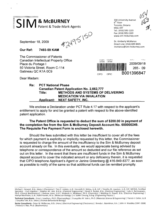 Document de brevet canadien 2662777. Correspondance 20090918. Image 1 de 5