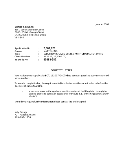 Document de brevet canadien 2662821. Correspondance 20090603. Image 1 de 1