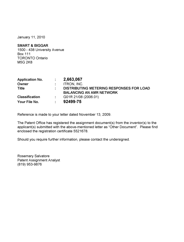 Canadian Patent Document 2663067. Correspondence 20100111. Image 1 of 1