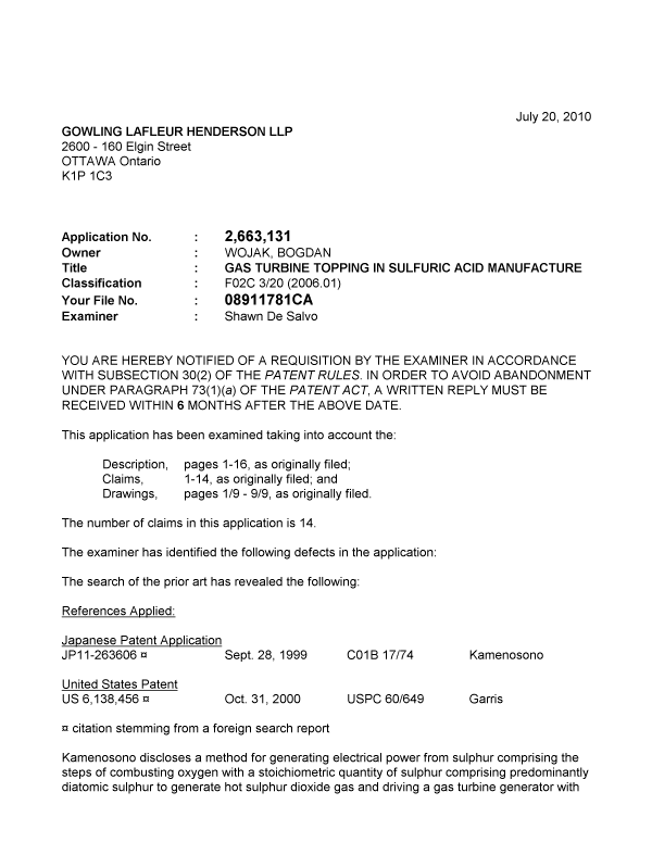 Canadian Patent Document 2663131. Prosecution-Amendment 20100720. Image 1 of 3