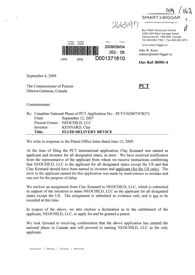 Canadian Patent Document 2663197. Correspondence 20081204. Image 1 of 4