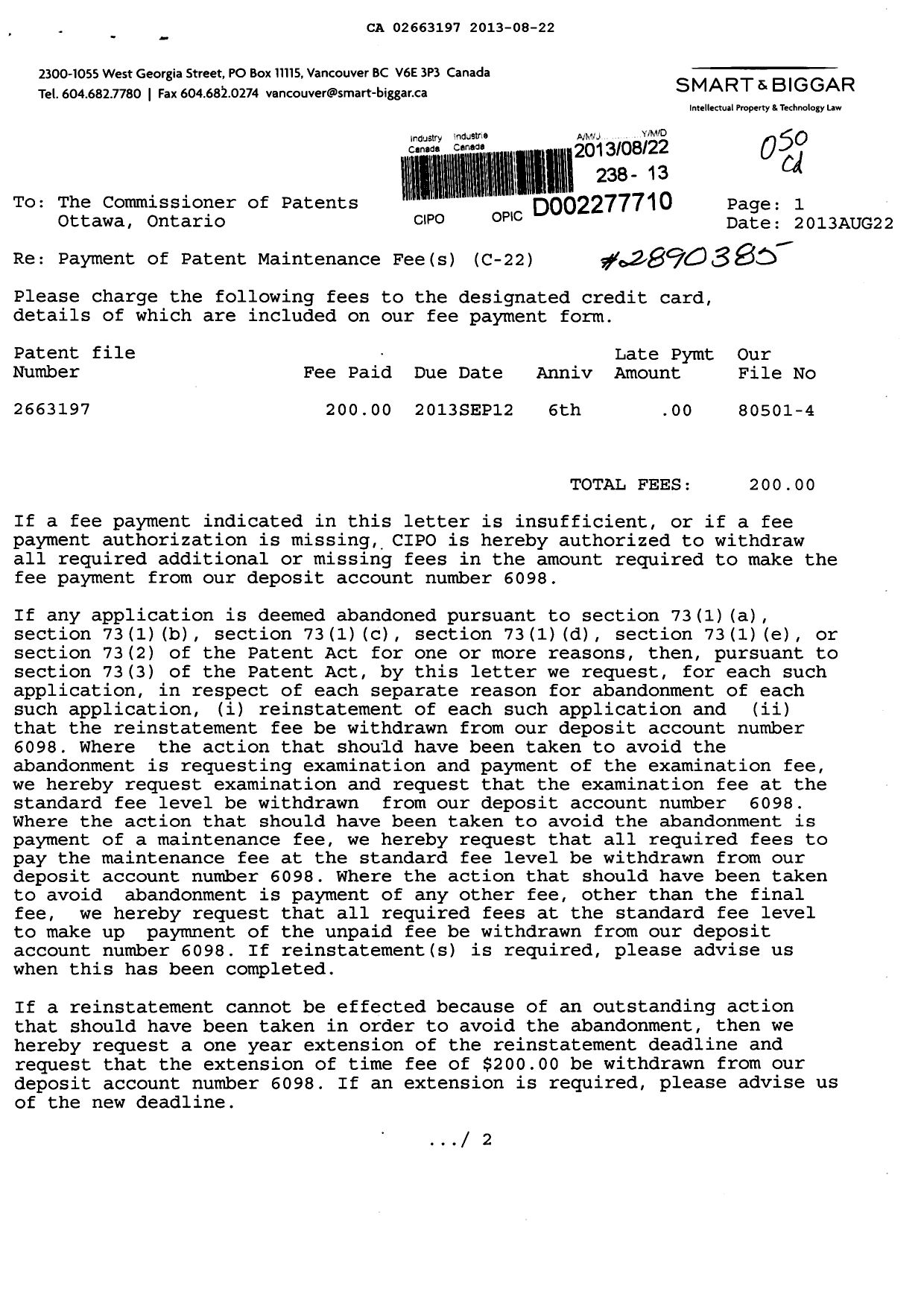 Document de brevet canadien 2663197. Taxes 20121222. Image 1 de 2