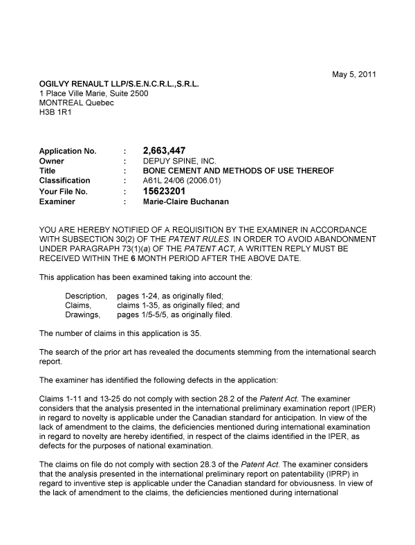 Canadian Patent Document 2663447. Prosecution-Amendment 20110505. Image 1 of 2