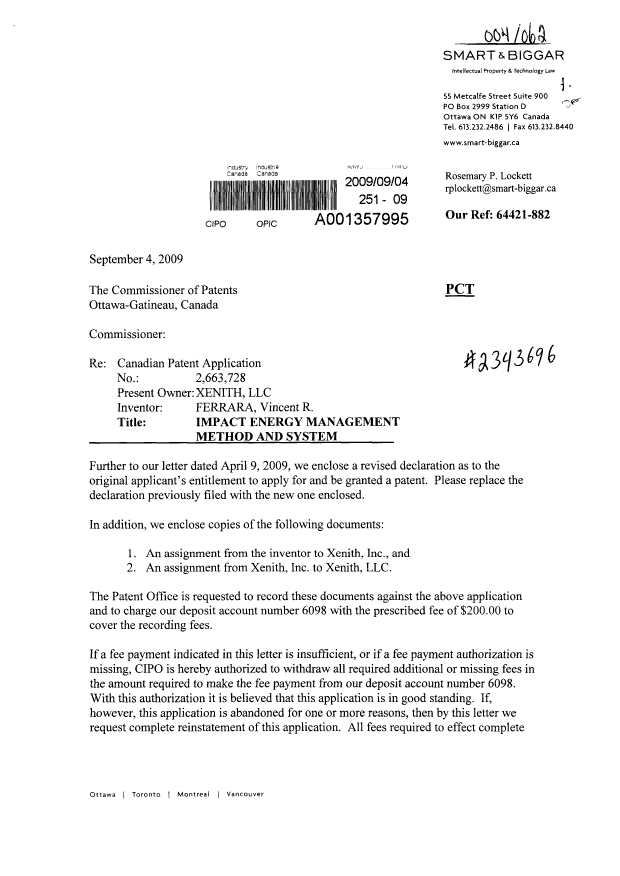 Canadian Patent Document 2663728. Assignment 20090904. Image 1 of 13