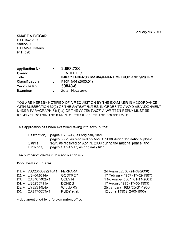 Canadian Patent Document 2663728. Prosecution-Amendment 20140116. Image 1 of 3