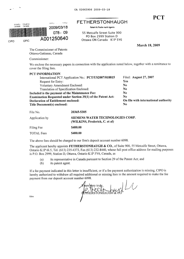 Canadian Patent Document 2663906. Assignment 20090318. Image 1 of 3