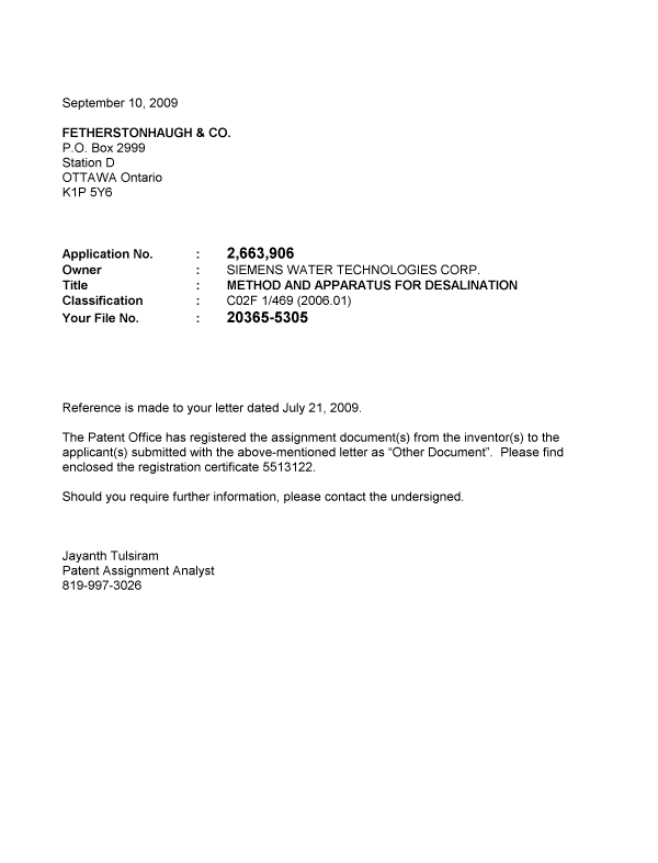 Canadian Patent Document 2663906. Correspondence 20090910. Image 1 of 1