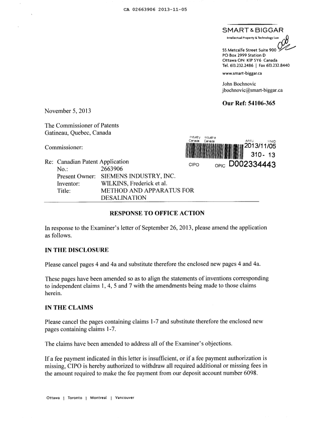 Document de brevet canadien 2663906. Poursuite-Amendment 20131105. Image 1 de 6