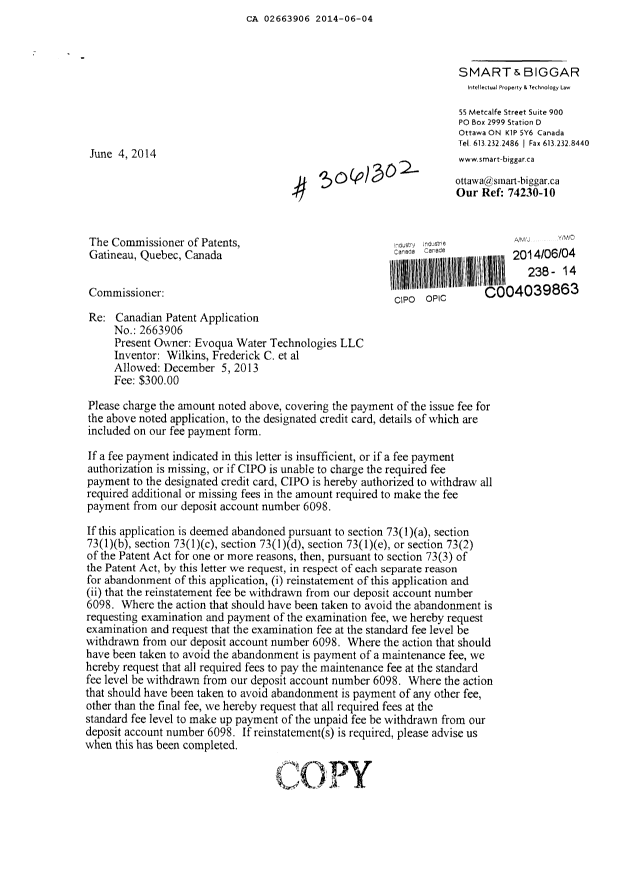 Document de brevet canadien 2663906. Correspondance 20140604. Image 1 de 3