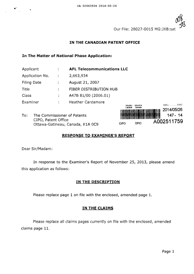 Canadian Patent Document 2663934. Prosecution-Amendment 20131226. Image 1 of 5