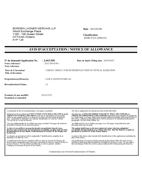 Document de brevet canadien 2663968. Correspondance 20130131. Image 1 de 1