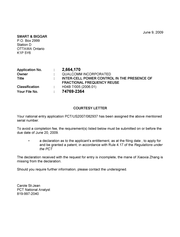Document de brevet canadien 2664170. Correspondance 20090609. Image 1 de 1