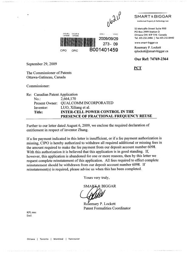 Document de brevet canadien 2664170. Correspondance 20090929. Image 1 de 2