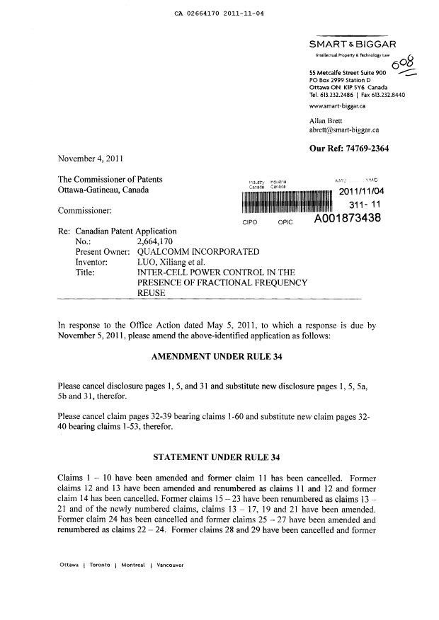 Document de brevet canadien 2664170. Poursuite-Amendment 20111104. Image 1 de 21