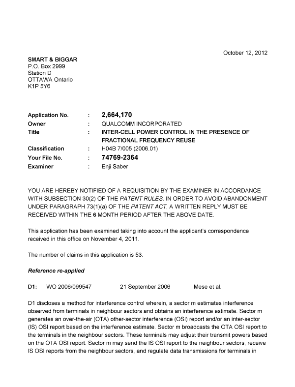 Document de brevet canadien 2664170. Poursuite-Amendment 20121012. Image 1 de 7