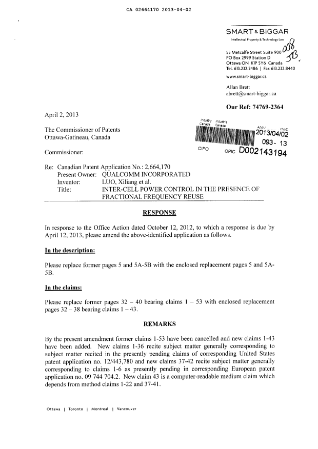 Document de brevet canadien 2664170. Poursuite-Amendment 20130402. Image 1 de 16