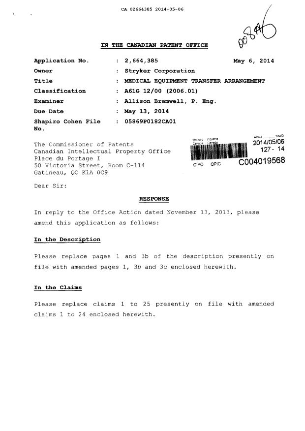 Canadian Patent Document 2664385. Prosecution-Amendment 20131206. Image 1 of 14