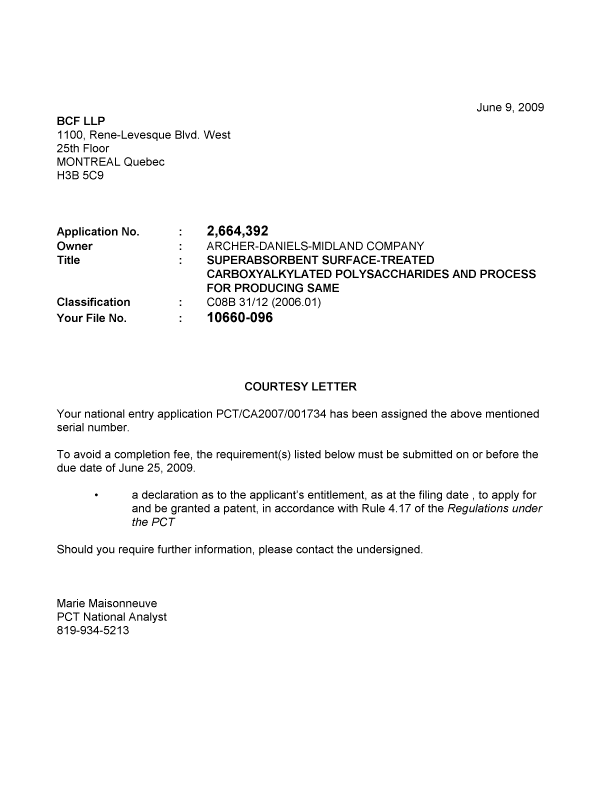 Canadian Patent Document 2664392. Correspondence 20090609. Image 1 of 1